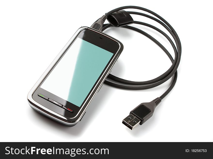 The mobile phone with usb cable isolated on white background