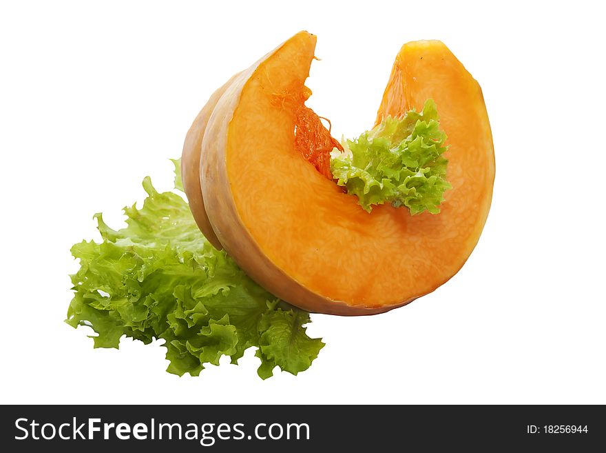 Slice of yellow pumpkin isolated on a white background