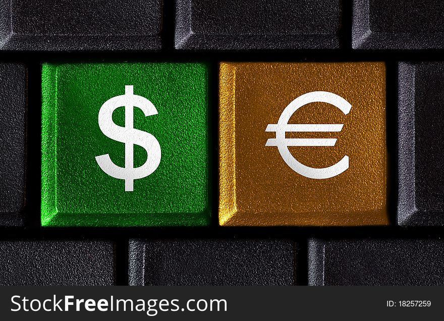 Computer keyboard with two money keys: dollar, euro. Computer keyboard with two money keys: dollar, euro