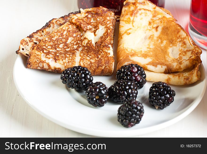 Plate of pancakes with fresh blackberries. Plate of pancakes with fresh blackberries