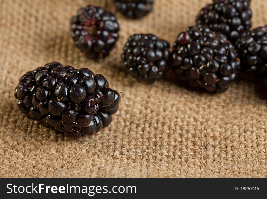 Close-up of Blackberries on sackcloth