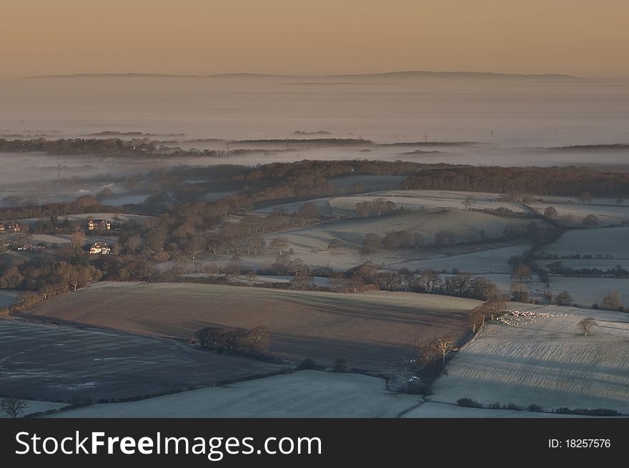 Mist in the Weald under the Sussex South Downs. Mist in the Weald under the Sussex South Downs