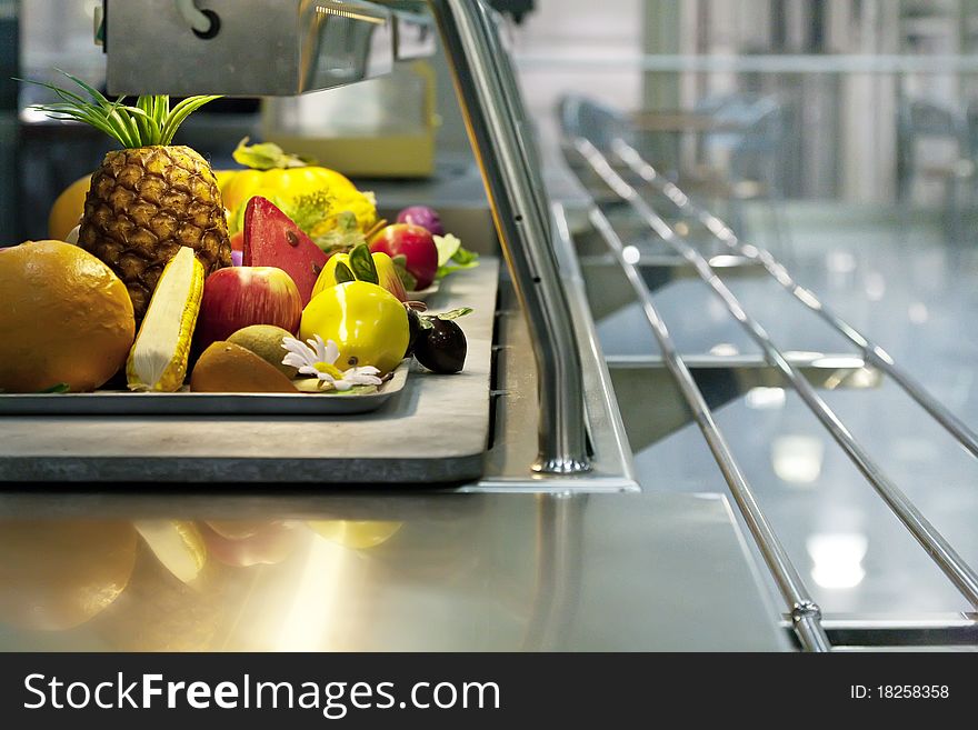 Artificial fruits and vegetables on a restaurant's desk. Artificial fruits and vegetables on a restaurant's desk