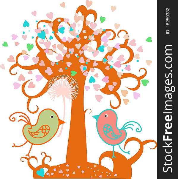 Love tree with hearts and valentine birds, vector.