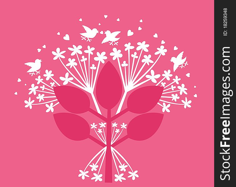 Holidays Love Tree with hearts and birds. Vector background.