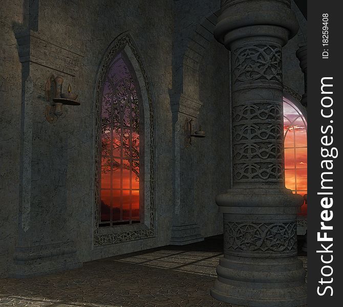 Magic window in a fantasy setting. 3D rendering of a fantasy theme for background usage.