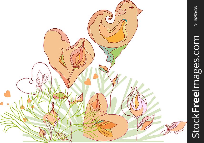 Valentine heart and bird with flowers, vector.
