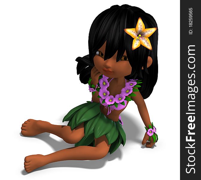 Very cute hawaiin cartoon girl is dancing for you. 3D rendering with clipping path and shadow over white