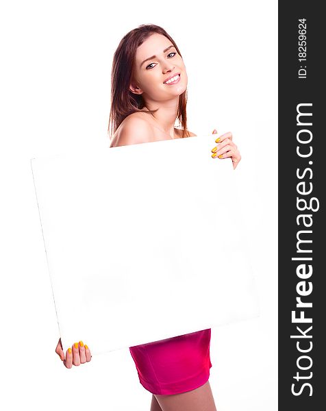 Beautiful young sexy woman holding empty white board. Beautiful young sexy woman holding empty white board