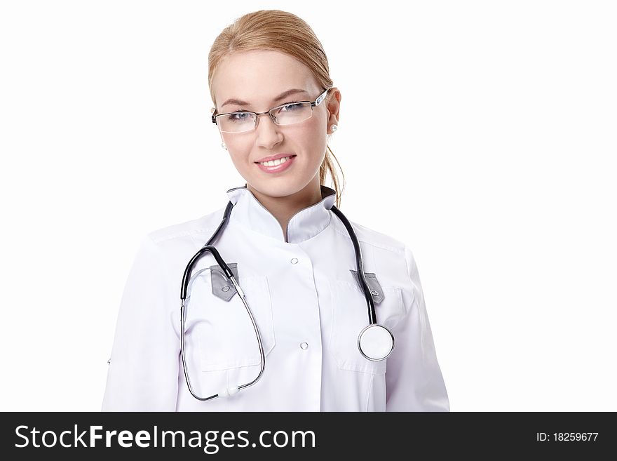 Young nurse with a stethoscope on a white background