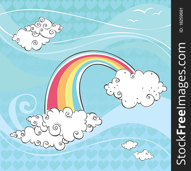 Vector illustration of clouds, birds and a rainbow on a blue windy stylized background with a heart pattern. Vector illustration of clouds, birds and a rainbow on a blue windy stylized background with a heart pattern.