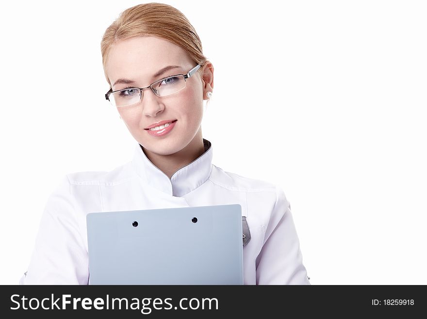 A young woman with a clipboard e on a white background. A young woman with a clipboard e on a white background