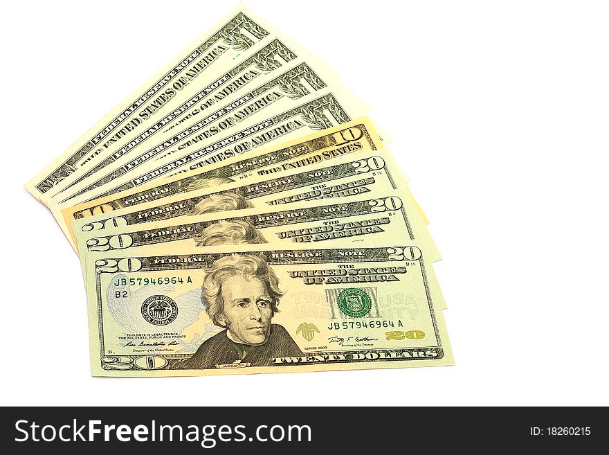 Banknotes in twenty dollars isolated on a white background