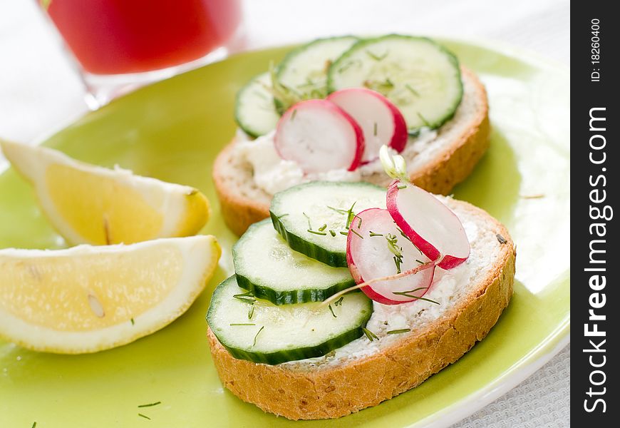 Healthy sandwiches with cucumber, radish and cottage cheese. Healthy sandwiches with cucumber, radish and cottage cheese