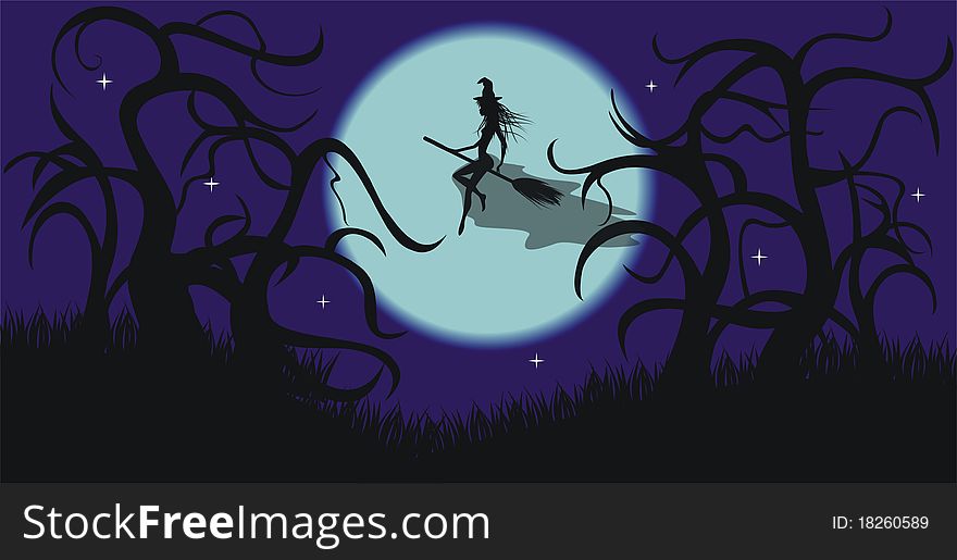 At night a witch flies on a broom. At night a witch flies on a broom