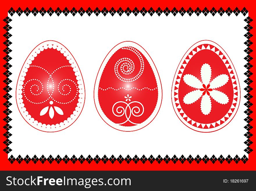 Easter Three Eggs In Red Frame  Illustartion