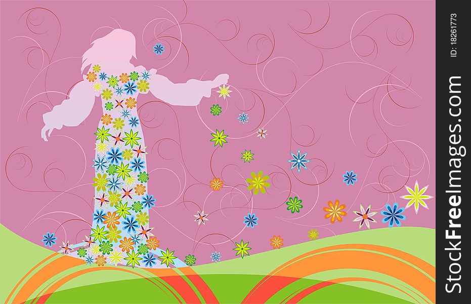 Abstract decor of	girl spring which scatters flowers on a pink background with swirls