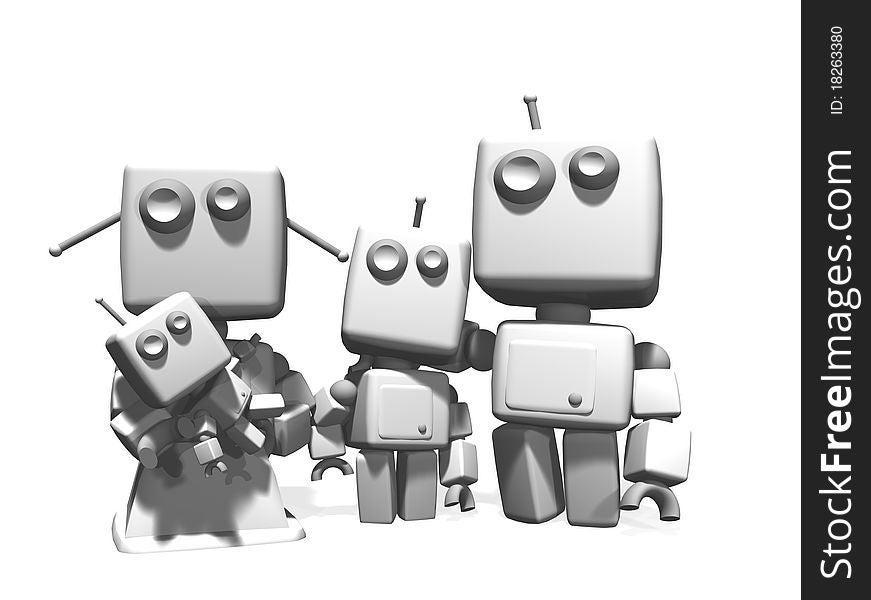 A four plastic robots family, with mother, father, a young son and a baby; 3D computer generated on white background. A four plastic robots family, with mother, father, a young son and a baby; 3D computer generated on white background