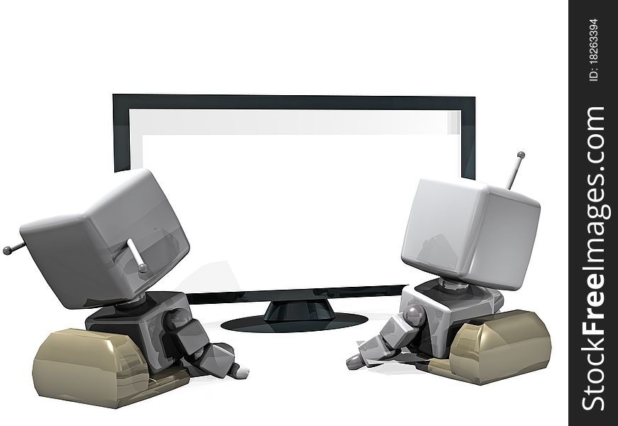 A 3D rendered robot couple ( boy and girl) in front of the television screen on white background; computer generated illustration. A 3D rendered robot couple ( boy and girl) in front of the television screen on white background; computer generated illustration.