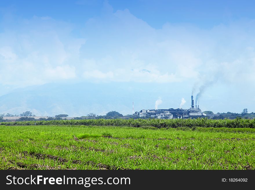 Landscape with factories polluting the environment and nature