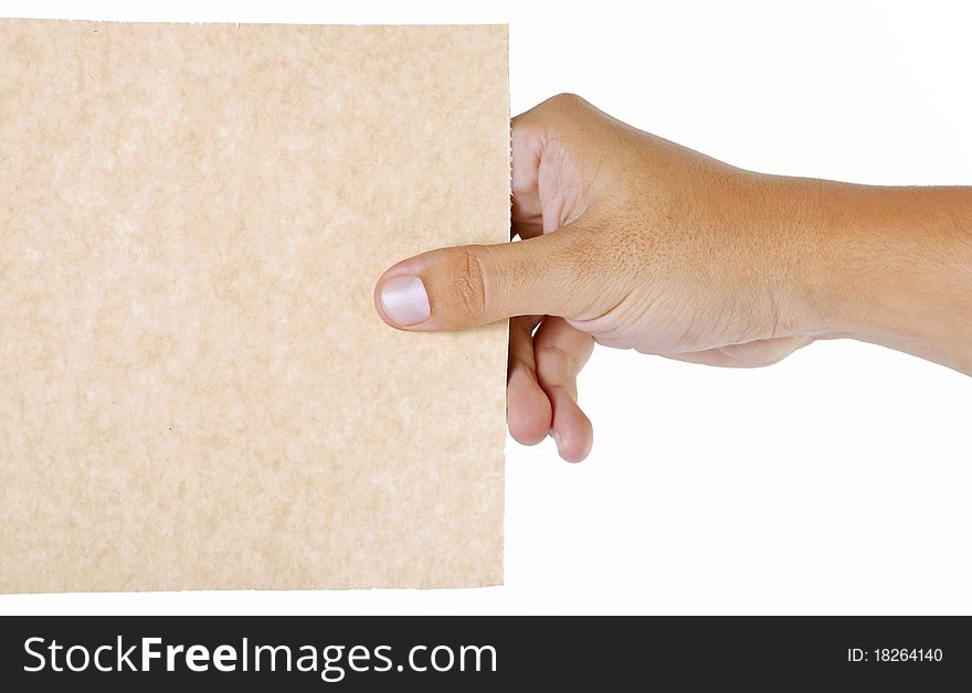 Hand taking blank cardboard over white background