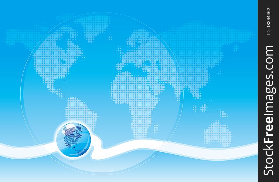 Vector blue abstract background with world map and globe. Vector blue abstract background with world map and globe.