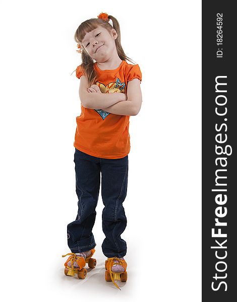 The little girl on roller skates. Isolated white