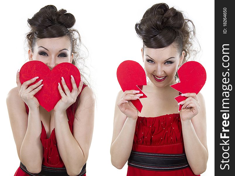 Young woman Asian in a red dress has control over the heart form. Young woman Asian in a red dress has control over the heart form