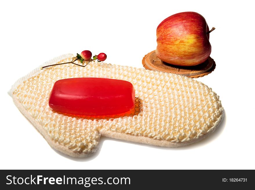 Soap and apple on the white isolated background. Soap and apple on the white isolated background