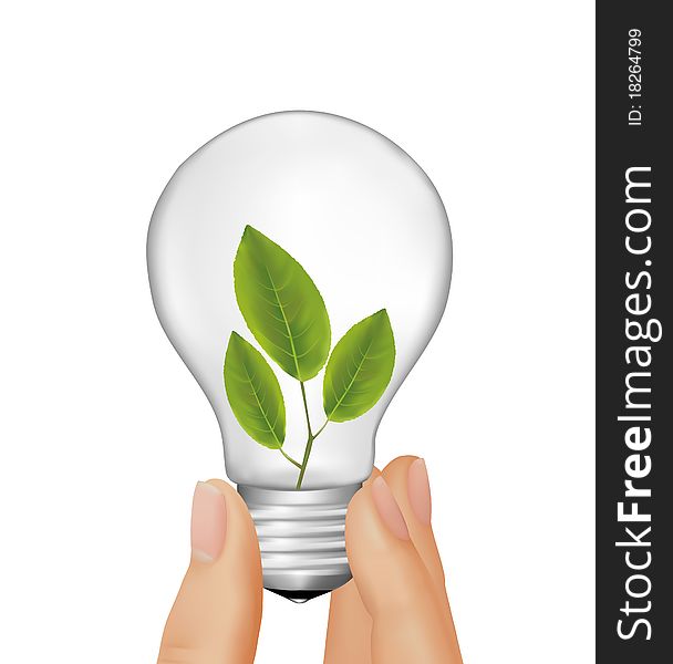 Plant inside light bulb in hand. Vector illustration.