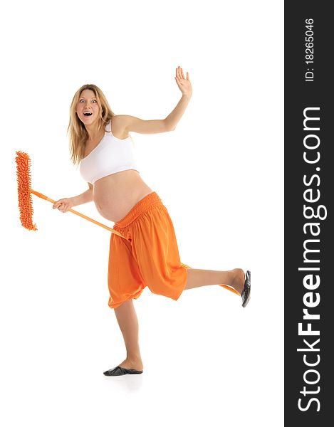 Happy pregnant woman with a mop