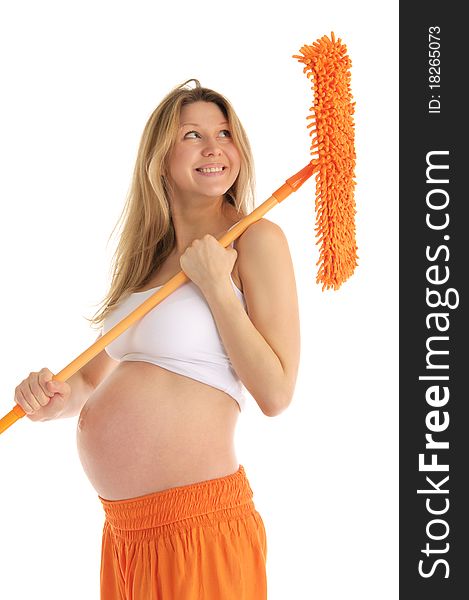 Happy pregnant woman with a mop isolated on white