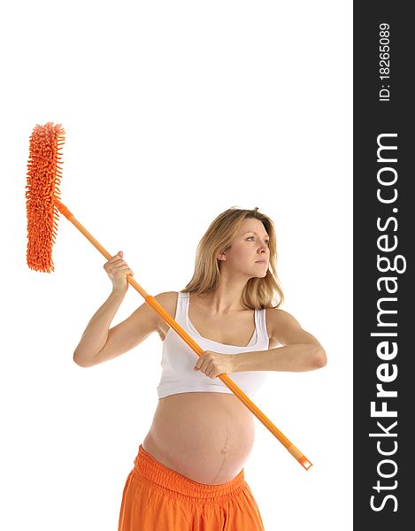 Pregnant woman with a mop isolated on white