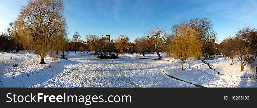 Panoramic view of the Public Garden in Boston, Massachusetts - USA on a rare sunny day of the winter season.