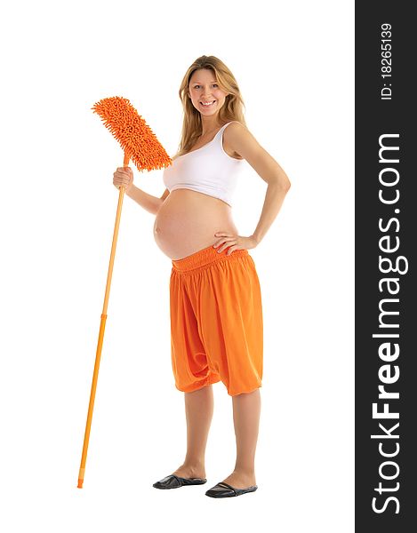 Happy pregnant woman with a mop and brush isolated on white