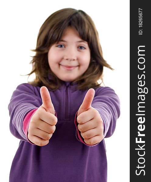 Little girl with thumb up on white background