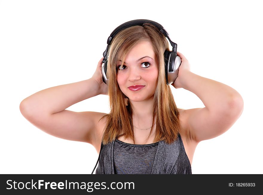 Girl with headphones isolated over white background