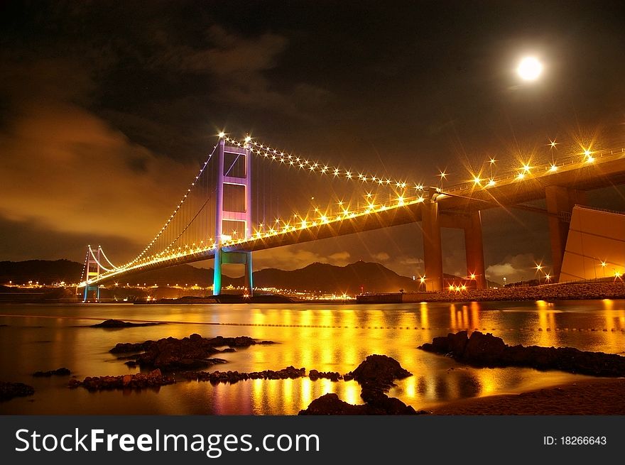 Tsing Ma Bridge in Hong Kong at night