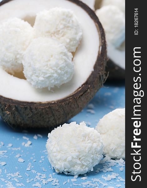 Homemade coconut sweets and fresh coconut. Homemade coconut sweets and fresh coconut