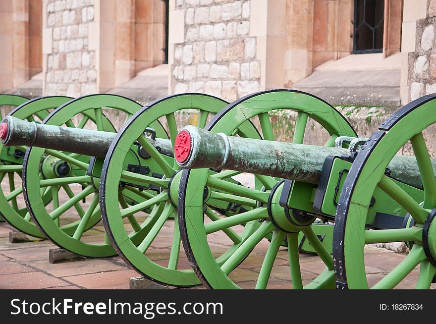 A row of old cannons at the Tower of London