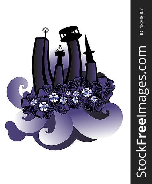 Vector illustration of futuristic city with stylized hibiscus and others floral elements