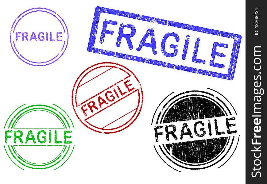 5 Grunge effect Office Stamp with the word FRAGILE in a grunge splattered text. (Letters have been uniquely designed and created by hand). 5 Grunge effect Office Stamp with the word FRAGILE in a grunge splattered text. (Letters have been uniquely designed and created by hand)