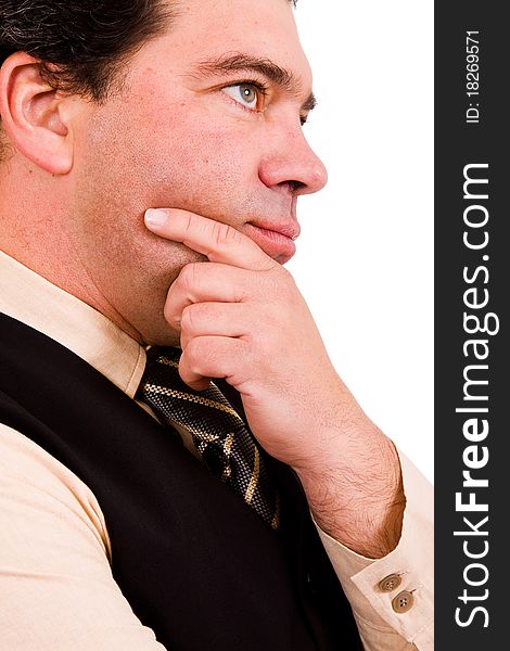 Close up portrait of a pensive mature business man, isolated