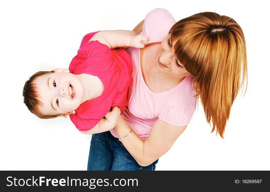 Happy mother with a baby on a white background