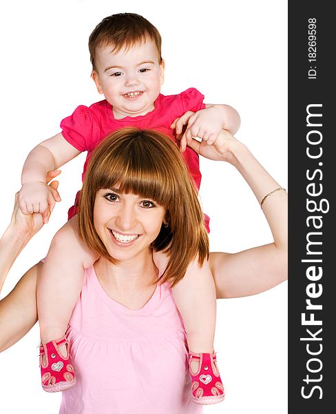 Happy mother with a baby on a white background