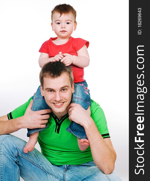 Father with baby on a white background