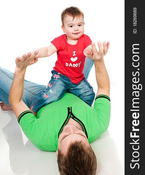 Father with baby on a white background