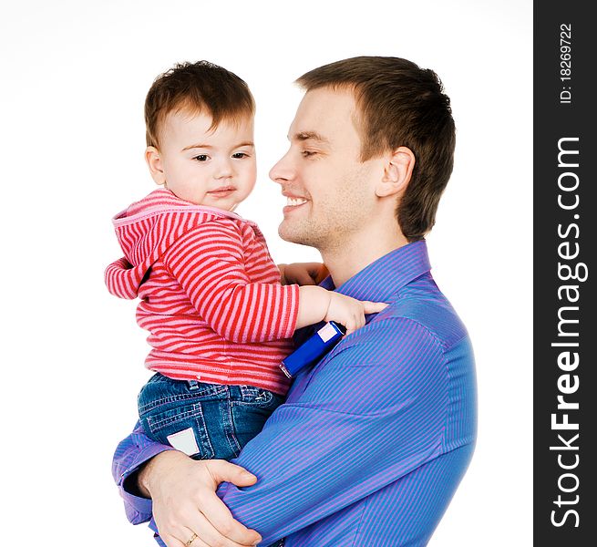 Father with baby on a white background