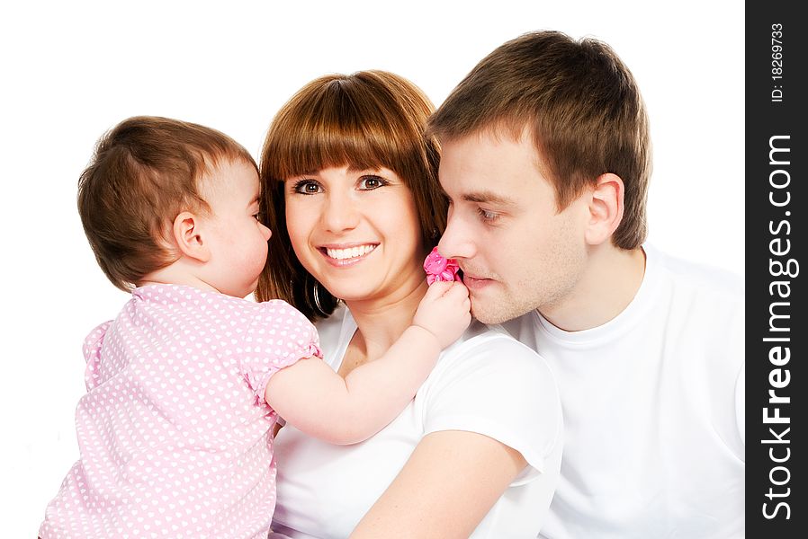 Happy family with a baby on a white background