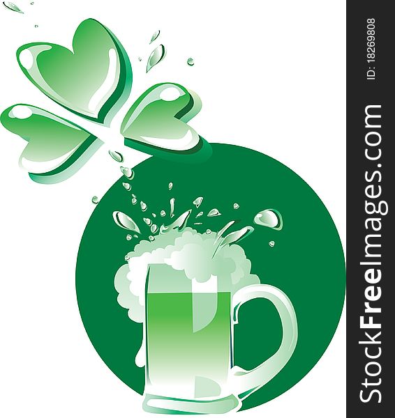 Vector illustration of a glass of green beer spraying with clover form spatter. Vector illustration of a glass of green beer spraying with clover form spatter